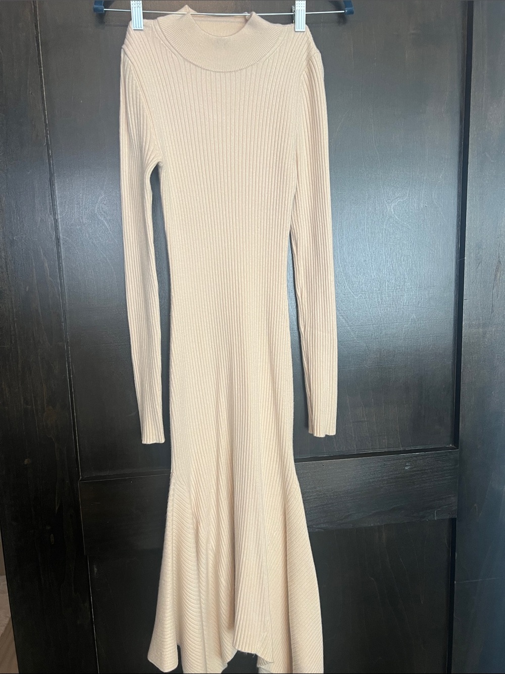 Express Ribbed Long Sleeve Cream Midi Dress